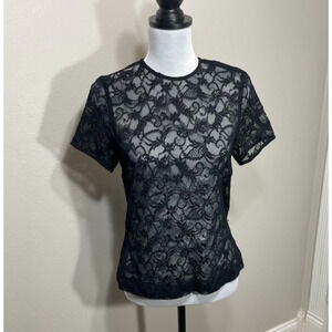 90s Y2K Blouse Black Lace Floral Overlay Sheer S Whimsigoth Fairy Festival Boho